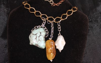 Modern design amber, baroque pearl, magnesite Necklace approx. 20” of variety chains $255.00 USD